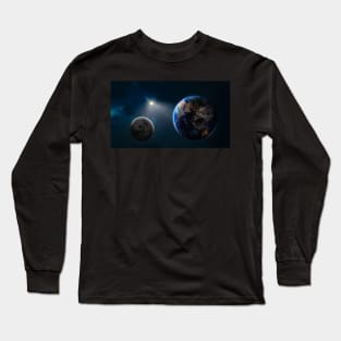 Planet earth and the moon in space, stars fill the sky, with sunlight, 3D illustration Long Sleeve T-Shirt